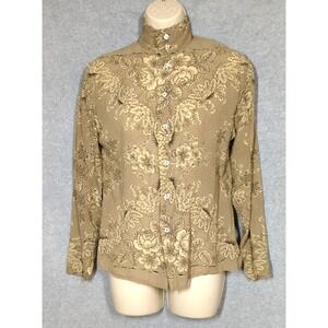 Vtg LORENZINI Silk Blouse Women 40 (6) Made in Italy Button front Taupe Floral